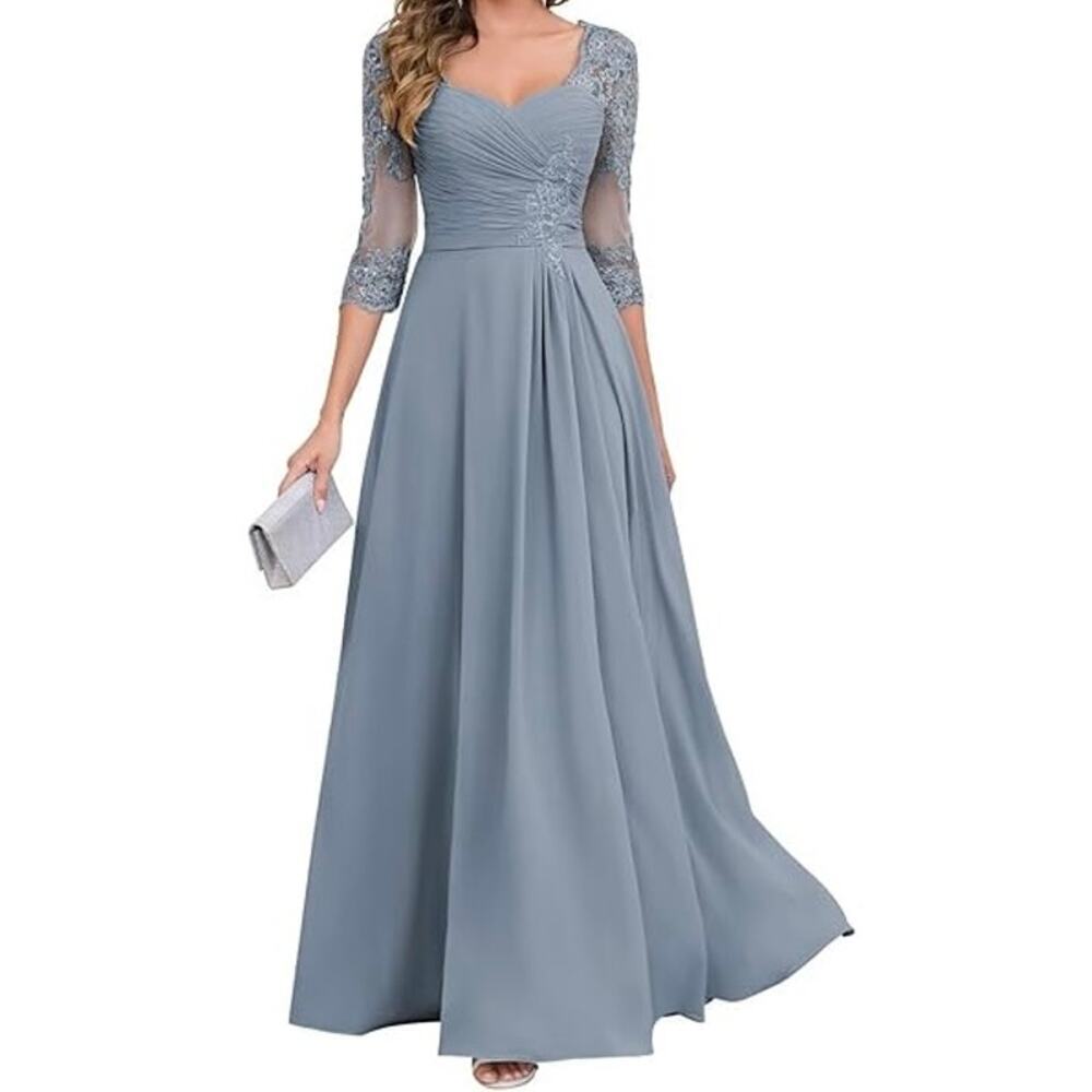 Wear your Love Half Sleeve Chiffon Lace Applique A-Line Dress in Blue, Size 16W‌